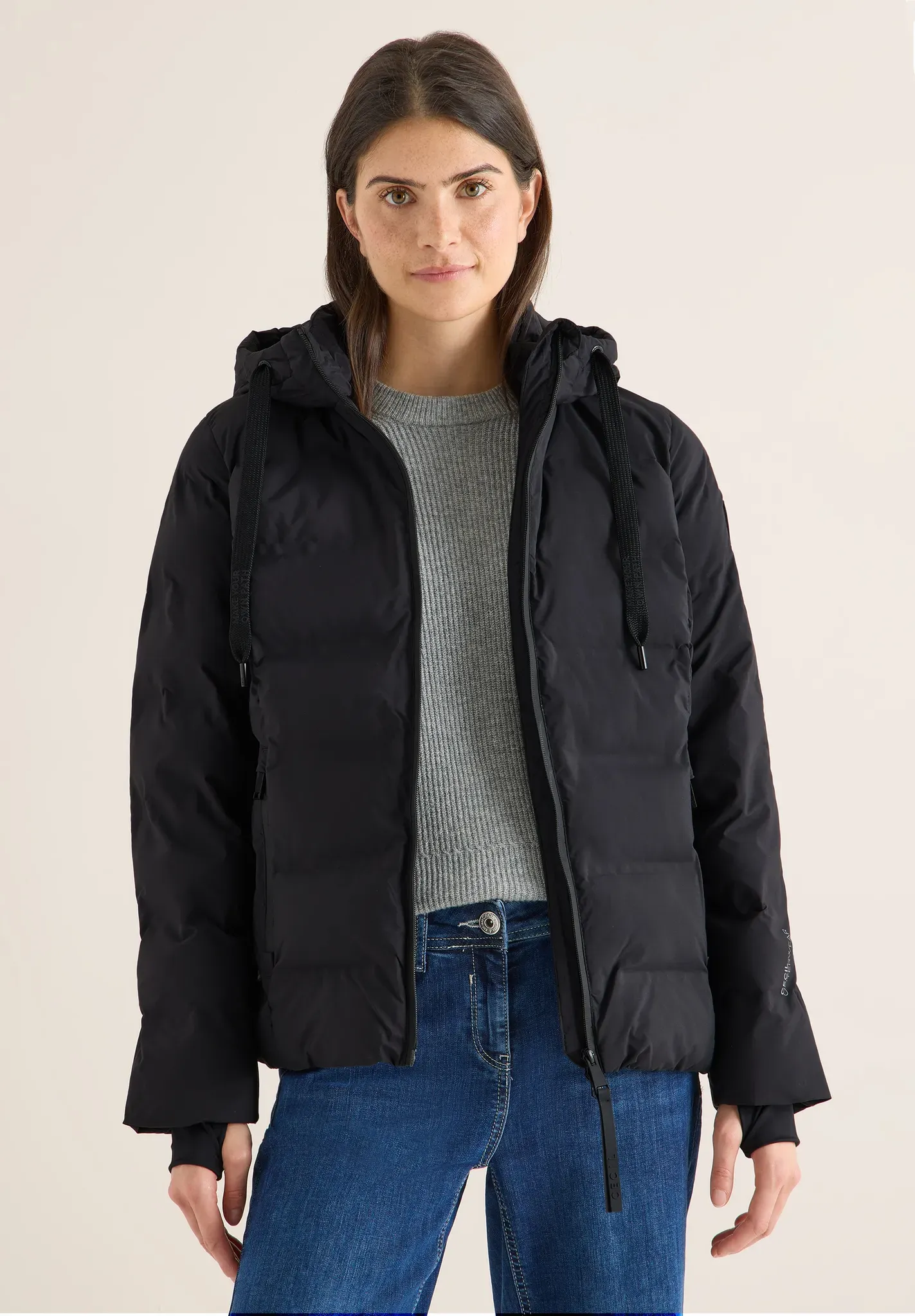 Steppjacke CECIL, Damen, Gr. XL (44), schwarz, Stoff, Obermaterial: 100% Nylon. Futter: 100% Polyester. Füllung: 100% Polyester, unifarben, normal normal, ohne Ausschnitt, elastischer Bund, Jacken Steppjacke, mit Kapuze mit Tunnelzugband