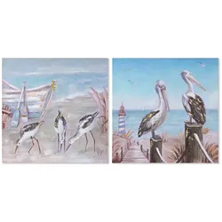 2-teiliges Wandbild-Set Home ESPRIT Vögel Mediterran, handgemalt, 80 x 80 cm