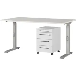 Büromöbel-Set GERMANIA "Agenda", silber (lichtgrau, silber), manuell höhenverstellbar (beim Aufbau) Schreibtisch Breite 140cm, Spanplatte, Metall, Kunststoff, Arbeitsmöbel-Sets, Set bestehend aus höhenverstellbarem Schreibtisch und Rollcontainer