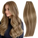 RUNATURE Extensions Tressen Echthaar Braun Mit Blond 35cm Echthaar Tressen Zum Einnähen Braun Weaving Tressen Echthaar 100g Remy Tressen Extensions Gerade Haarverlängerung #10/16