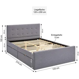 Homestyle4u Polsterbett 120 x 200 cm Grau