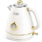 Hazel Quinn Elektrischer Wasserkocher Retro mit Thermometer, komplett aus Edelstahl, ohne Kunststoff, kabelloser Wasserkocher, automatische Abschaltung, 2200 W, BPA-frei, Vintage-Design, Perlweiß