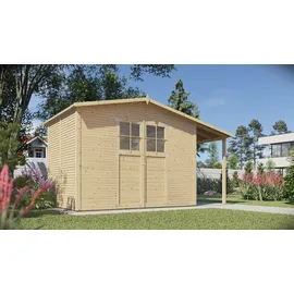 Konifera Gartenhaus KONIFERA "Alto 4 PLUS Fineline Satteldach", beige (naturbelassen), ohne Fußboden, ohne Rück- und Seitenwand, Holzwerkstoff, Gartenhäuser, mit Anbaudach