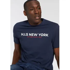 H.I.S. T-Shirt H.I.S, Damen, Gr. XXL (60/62), blau (marine), Single Jersey, Obermaterial: 100% Baumwolle, bedruckt, schmal, Rundhals, gerader Abschluss, Shirts T-Shirt, Mit großem Frontprint