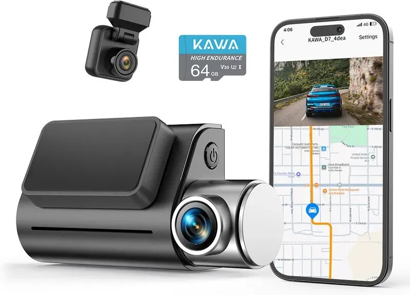 KAWA 4K-Dashcam für Vorder- und Rückseite, Sprachsteuerung, kostenlose 64GB-Karte, Wi-Fi 6 Dual-Dashcam für Autos, integriertes GPS, 2-Zoll-Display, 2K HDR, NightEagle-Engine, 24-Stunden-Parkmodus, intelligente Dashcam
