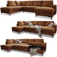 Cord Sofa U Form mit Schlaffunktion - Ecksofa mit Schlaffunktion und Bettkasten, Wohnlandschaft U Form, XXL Couch U Form, Big Sofa XXL, Eckcouch mit Schlaffunktion und Bettkasten, Ziegelrot Links