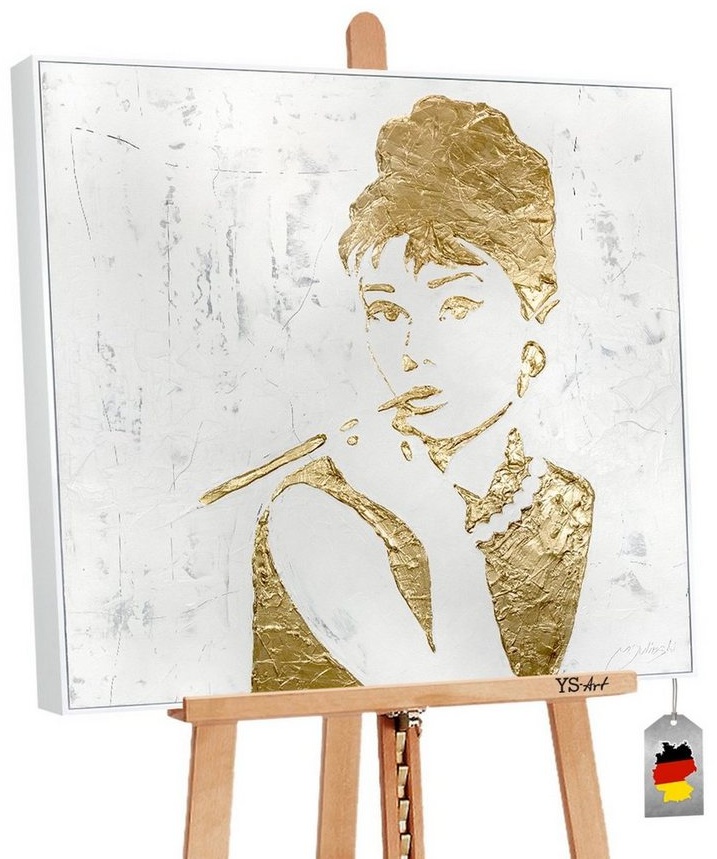 YS-Art Gemälde Audrey, Menschen, Audrey Hepburn Abstraktes Leinwand Bild Handgemalt Gold mit Rahmen weiß 90 cm x 90 cm x 4 cm