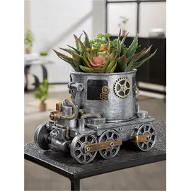 Gilde Übertopf Steampunk Engine Planter - Lokomotive - Kunstharz - Zahnrädermotiv - Antikfinish - Silberfarben - Höhe 20cm x Breite 26cm