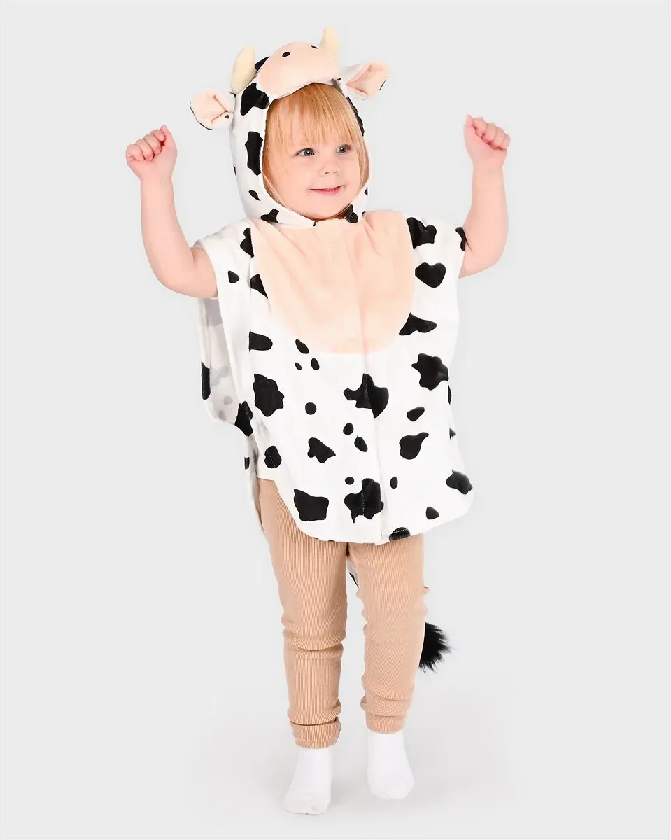 Kinder Kuh Umhang Kostüm 1-4 Jahre schwarz/weiß, Polyester - Den Goda Fen - Mit Kapuze, Schwanz, Klettverschluss, waschbar
