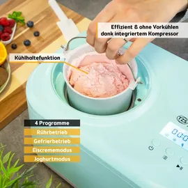 First Austria TZS First Austria - Eismaschine 1L mit Kompressor 3 in 1 - Ice Cream Maker 100W selbstkühlend für Frozen Joghurt, Sorbet & Eiscreme - Kleine Spei... - Türkis
