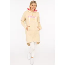 Zwillingsherz Jerseymantel ZWILLINGSHERZ "Smile everyday", Damen, Gr. S/M, beige (hellbeige), angeraute Sweatware, Obermaterial: 50% Baumwolle, 50% Polyester, Mäntel, mit großer SMILE Stickerei und positiver Botschaft