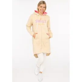 Zwillingsherz Jerseymantel ZWILLINGSHERZ "Smile everyday", Damen, Gr. S/M, beige (hellbeige), angeraute Sweatware, Obermaterial: 50% Baumwolle, 50% Polyester, Mäntel, mit großer SMILE Stickerei und positiver Botschaft