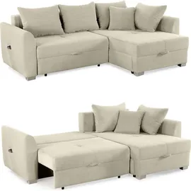 luma-home schönes für dein zuhause Ecksofa mit Schlaffunktion und Bettkasten 236/160/81 cm, Ottomane beidseitig montierbar, Cord Grau / 15201 - Beige