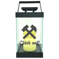 WB wohn trends Edle Glas-Laterne mit LED-Kerze, Glück auf! Schlägel und Eisen, Timer, 35cm hoch mit Bügel, 24,5x13x13cm, Batterie LED-Licht LED-Laterne LED-Lampe mit Text Spruch