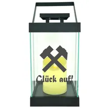 WB wohn trends Edle Glas-Laterne mit LED-Kerze, Glück auf! Schlägel und Eisen, Timer, 35cm hoch mit Bügel, 24,5x13x13cm, Batterie LED-Licht LED-Laterne LED-Lampe mit Text Spruch