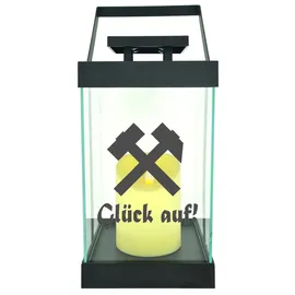 WB wohn trends Edle Glas-Laterne mit LED-Kerze, Glück auf! Schlägel und Eisen, Timer, 35cm hoch mit Bügel, 24,5x13x13cm, Batterie LED-Licht LED-Laterne LED-Lampe mit Text Spruch