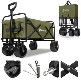 Sekey Bollerwagen Faltbar 200KG Schwerlast, Faltbarer Handwagen Extra Breite Reifen 17x10CM, Klappwagen Strand mit Bremsen, Klassisch 3017, Olivgrün