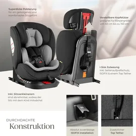 Tectake tectake® Drehbarer Autositz, i-Size Zulassung, ISOFIX-Installation und Top Tether, mit Seitenaufprallschutz, längenverstellbarer 5-Punkt-Gurt, höhenverstellbare Kopfstütze, ab Geburt bis 150 cm, Belastbarkeit 36 kg