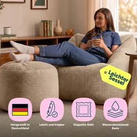 I.C.O.N. Icon Sitzsack Sessel mit Hocker für Erwachsene, Beige, Flauschiger Cord Stoff, Riesen Sitzsack Cord mit Füllung, Bean Bag Chair, Bequemer Sessel Wohnzimmer, Lounge, Schlafzimmer, Büro