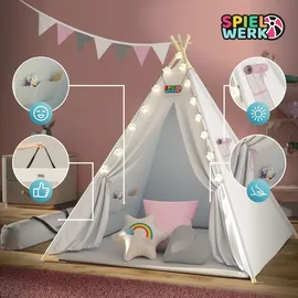 SPIELWERK Tipi Zelt Für Kinder Indoor 130x130cm Set mit Bodenmatte Lichterkette Girlande Kissen Baumwolle Holz Tragetasche Rosa