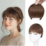 S-noilite Stirnband mit Pony Fransen, Front Haar Pony Perücken Stirnband, Synthetische geflochtene Haarverlängerungen Haarteil,Hellbraun