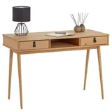 Idimex Schreibtisch Kim mit 2 Schubladen aus Massivholz, Eiche farben - Home-Office Tisch mit offenem Fach, Bürotisch mit 2 Schubladen und Ledergriffen