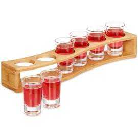 Relaxdays Schnapsbrett, mit 6 Gläsern, 4 cl, Schnapslatte geschwungen, Geschenkidee, Schnapsglashalter, Bambus, Natur