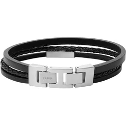 Armband FOSSIL "VINTAGE CASUAL, JF03322040", schwarz (edelstahlfarben, schwarz), Armbänder, Edelstahl-Leder, Edelstahl, Leder