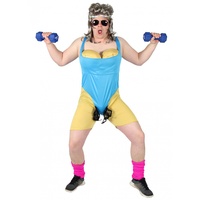 Foxxeo Komplett-Set 80er Jahre Workout Kostüm mit XXL BusenStirnbandPerückeSonnenbrille und pinken Stulpen für Männer Größe XXL