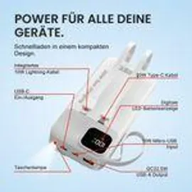 Viesta Viesta® Powerbank 20.000 mAh Weiß – 22,5W Schnellladen, PD20W – integrierte Kabel Usb-c- & Lightning), Usb-a, Usb-c Lcd-display, LED-Taschen... - Weiß