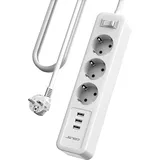 JSVER Steckdosenleiste 3 Fach mit 3 USB Ladeanschlüsse, Mehrfachsteckdose Wandmontage Steckerleiste mit Schalter(3680W 16A) Überspannungsschutz USB mit 3M Kabel für Smartphones, Laptop, iPAD-Weiß