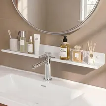 doporro Waschbecken Ablage 60 cm über dem Wasserhahn, Badezimmer Regal Montage mit oder ohne Bohren, Waschbecken-Wasserhahn-Organizer, Spülbecken Organizer & Duschablage, Sandweiß Reglo-17