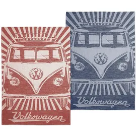 BRISA VW Collection - Volkswagen Geschirr-Abtrocken-Küchen-Handtuch-2er Set im T1 Bulli Bus (Samba/Streifen/Rot)