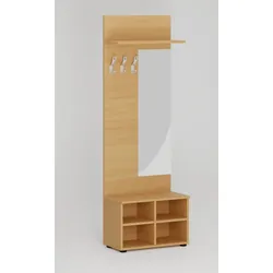 Garderobenwand PRIMO, Schuhregal + Spiegel, 3 Haken, Ablage, Buche