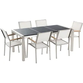Beliani Gartenmöbel Set Schwarz Weiß Granit Edelstahl Tisch 180 cm Poliert 6 Stühle Terrasse Outdoor Modern