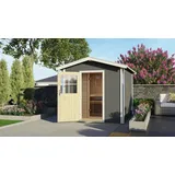 Karibu Bosse 1 - 38 mm Gartensauna mit Vorraum und Satteldach terragrau Klassische Saunatür (Klarglas) Ohne Ofen