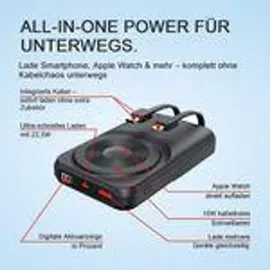 Viesta Viesta® Powerbank 10.000 mAh Schwarz – 22,5w Schnellladen, Pd20w, 15w kabelloses Laden – integrierte Kabel (usb-c & Lightning), Led-display, S... - Schwarz