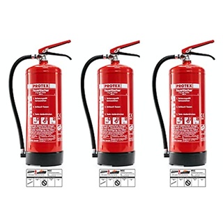 3 Pulver-Feuerlöscher – Protex Pulverfeuerlöscher – 6 kg - für die Brandklassen ABC – Zertifiziert nach DIN EN 3 und CE – je 9,5 kg – mit praktischer Halterung – mit Prüfplakette - Made in EU