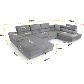 sofiland Ecksofa U-Form 345x202 cm Grau links mit Schlaffunktion & Bettkästen - Aller U XXL - Grau