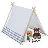 Relaxdays Tipi Zelt für Kinder, mit Fenster, Kinderzimmer Zelt, Wigwam Kinderzelt, HxBxT: 92 x 92 x 120 cm, weiß-grau