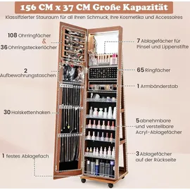 Costway Schmuckschrank mit Rollen, Spiegelschrank abschließbar mit LED-Leuchten & verstellbaren Ablagen, Standspiegel Schmuckregal Ganzkörperspie... - Braun