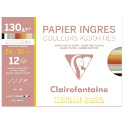Clairefontaine 10x Ingres Pastellpapier, Zeichenpapier 24x32 cm 130g, Packung mit 12 Bogen in verschiedenen Farben - Pastellfarben sortiert 96775C