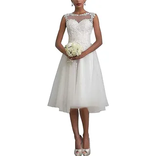Hochzeitskleider Kurz A-Linie Damen Brautmode Vintage Brautkleider Standesamt Ärmellos Weiß 42 - 42