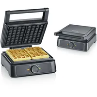 SEVERIN Waffeleisen belgische Waffel, quadratische Waffeln, Keramikbeschichtung mit PFAS-freier Beschichtung, mit Kontrollleuchte, praktische Kabelaufwicklung, 1.600 Watt, schwarz-Edelstahl, WA 2130