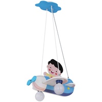 GLOBO Kinderlampe Kinderleuchte Hängelampe Hängeleuchte Pendellampe Kinderzimmerleuchte, Flugzeug Holz weiß blau, 1x E27 Fassung, LxBxH 43x40x120cm