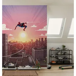 Kindertapete KOMAR "Marvel Spider-Man Swinging Through the Air", rosa, B:200m H:250m, Vlies, Tapeten