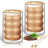 Latte Macchiato Gläser 400ml 2er Set Doppelwandige Kaffeegläser mit 2 Löffeln Cappuccino Tassen Eiskaffee Gläser Thermogläser Trinkgläser