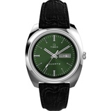 Timex Q Herren-Armbanduhr, 37,5 mm, schwarzes, zweiteiliges Lederarmband mit Schnellverschluss, grünes Zifferblatt, Edelstahlgehäuse TW2W44700