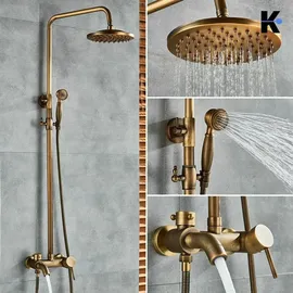 klarwerk JANA | Vintage Regendusche Set Messing unlackiert Edelstahl | Retro Design Duscharmatur Duschsystem | Mischbatterie Dusche komplett mit Handbrause