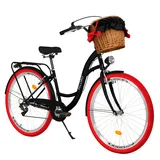 MILORD Damenfahrrad Citybike Komfort Mit Weidenkorb Hollandrad Vintage Fahrrad, 26, 28 Zoll, 7-Gang (Schwarz-Rot, 28 Zoll)